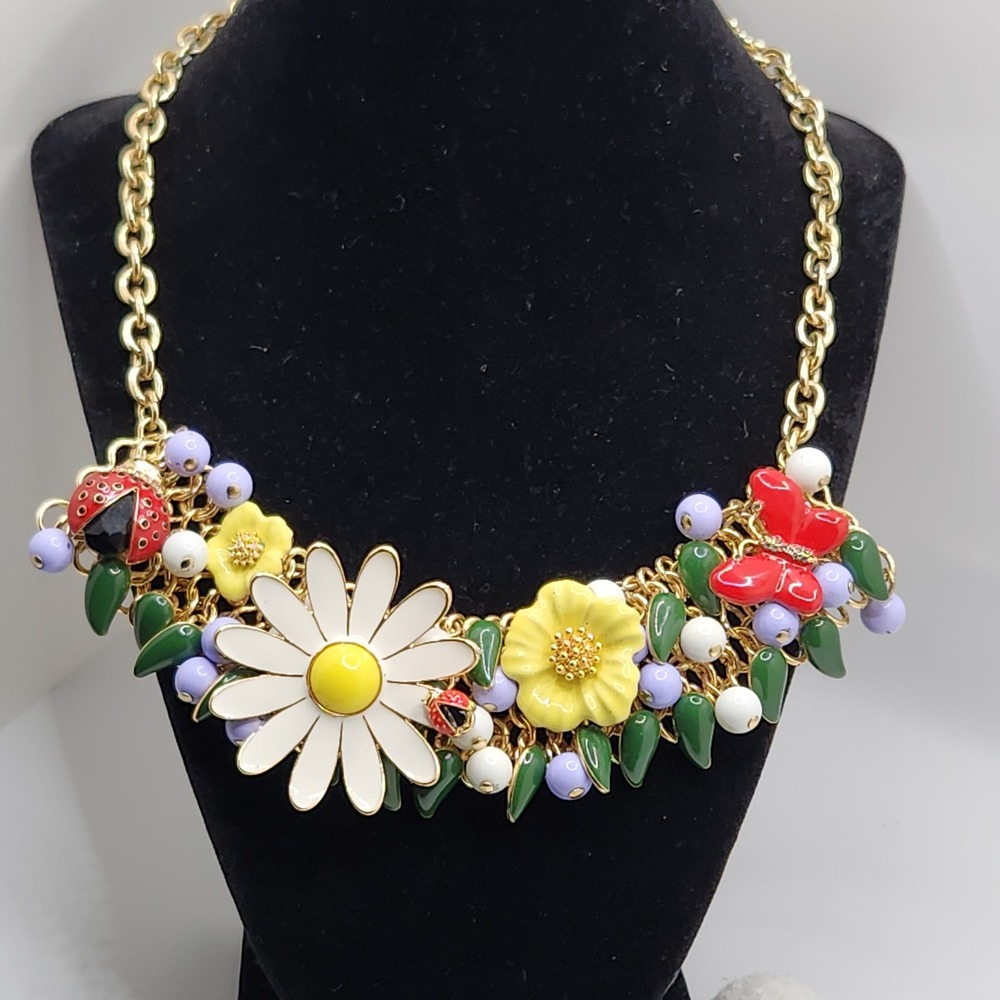 Statement Talbots Flower Ladybug Butterfly Enamel Bib Statement Necklace 16-19in